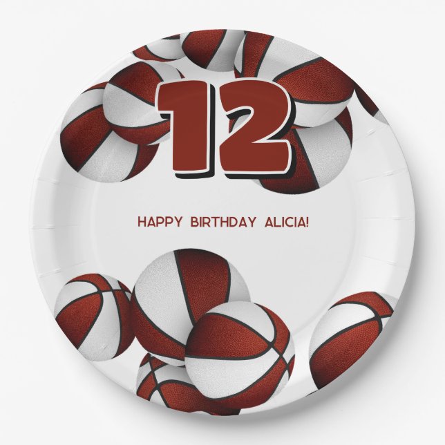 maroon white basketballs girls boys sports party paper plate (Front)