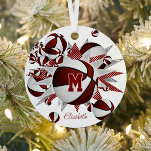 Maroon white basketballs stars personalised  metal tree decoration