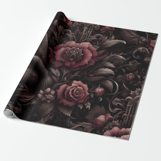 Maroon, White, Black Floral Gift Wrapping Paper  (Unrolled)