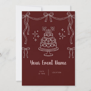 Maroon White Bow Line Cake Invitation