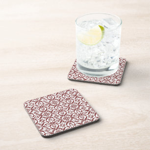Maroon & White Damask Cork Coasters