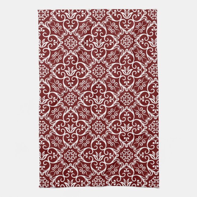 Maroon & White Damask Kitchen Towel (Vertical)