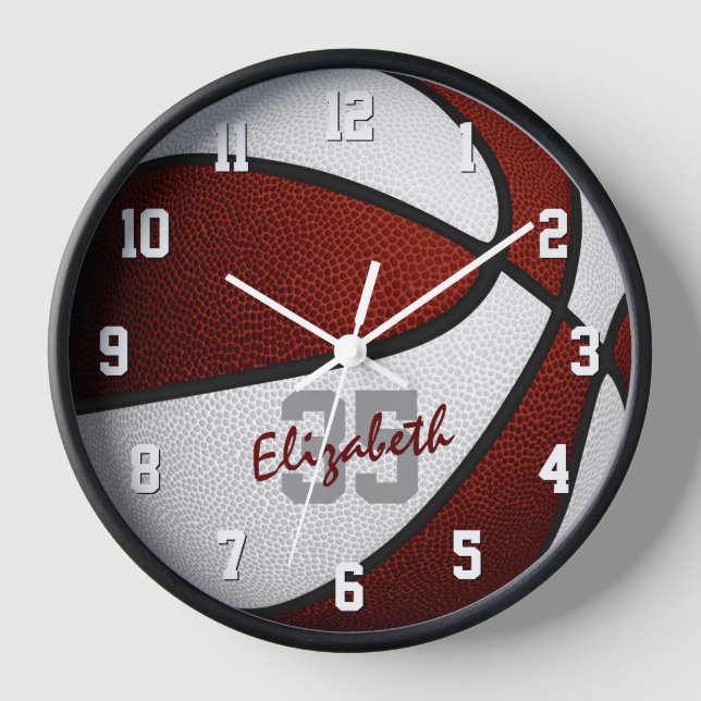 maroon white girls boys basketball personalized clock (Front)