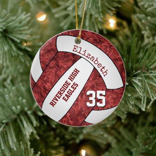maroon white girls sports volleyball team memento ceramic ornament (Tree)
