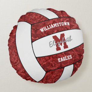 Maroon white girly volleyball team colors round cushion