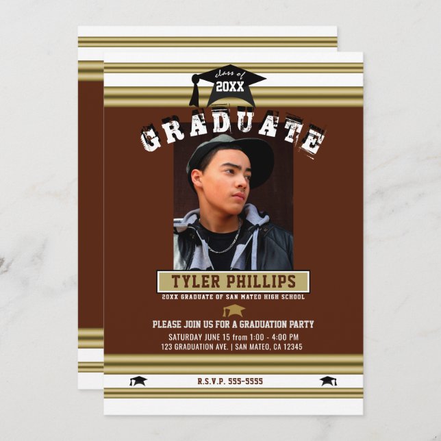 Maroon White & Gold Graduation Photo Party  Invitation (Front/Back)