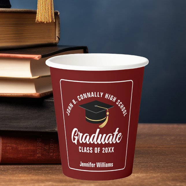 Maroon White Graduate Custom 2025 Graduation Party Paper Cups (Creator Uploaded)