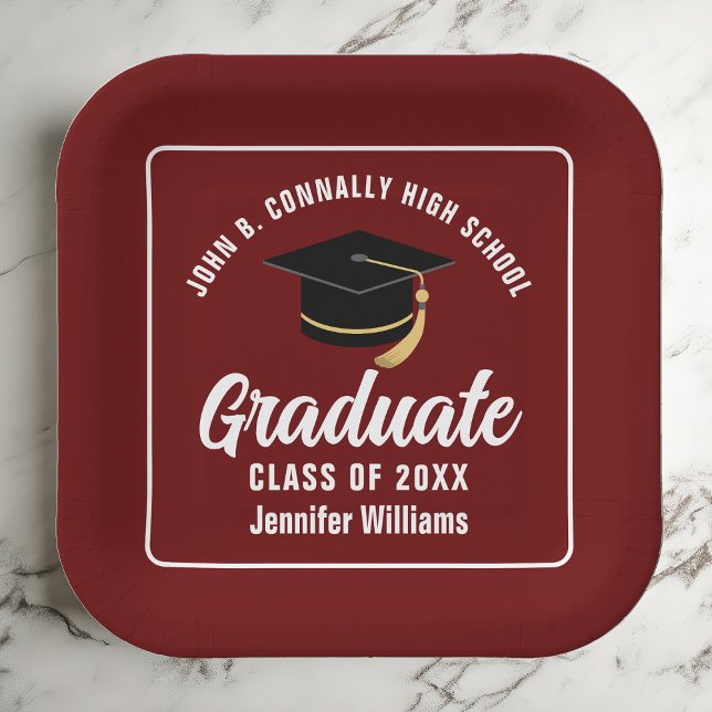 Maroon White Graduate Graduation Party Square Paper Plate (Creator Uploaded)