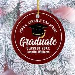 Maroon White Graduation Custom 2025 Graduate Ceramic Ornament<br><div class="desc">This modern maroon and white custom senior graduate Christmas ornament features your high school or college name for the class of 2025. Customise with your graduating year under the bold handwritten script and grad cap for a great personalised graduation gift. A modern commemorative keepsake for the senior class.</div>