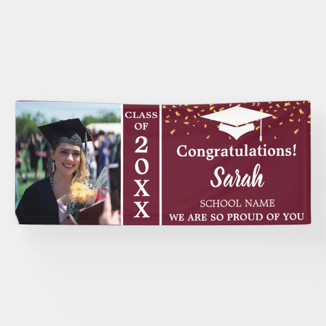 Maroon White Graduation Custom Photo Class Of 2025 Banner (Horizontal)