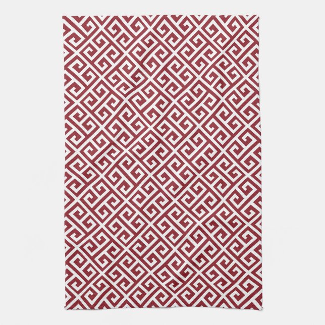 Maroon & White Greek Key Pattern Tea Towel (Vertical)