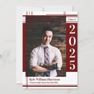 Maroon White School Colour Graduation Photo Plaid Invitation