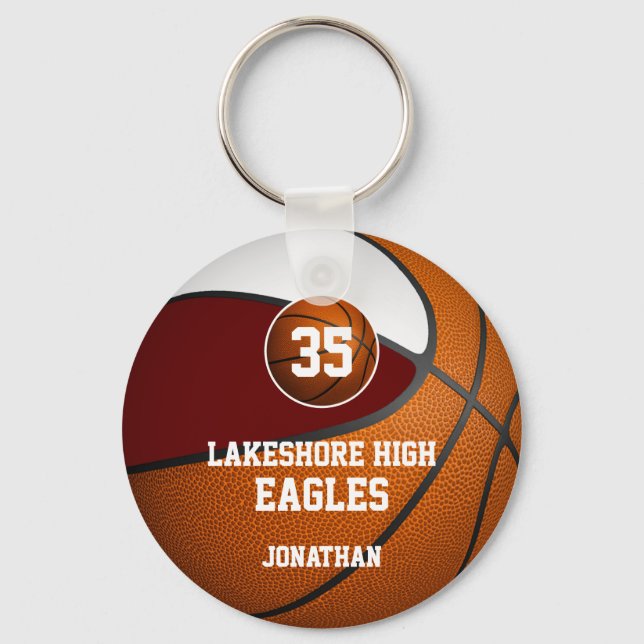 Maroon white school colours boys' basketball team key ring (Front)