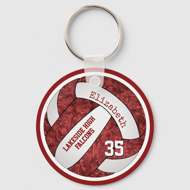 Maroon white school colours custom name volleyball key ring (Front)