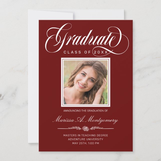 Maroon White Script Two Photo College Graduation Announcement (Front)