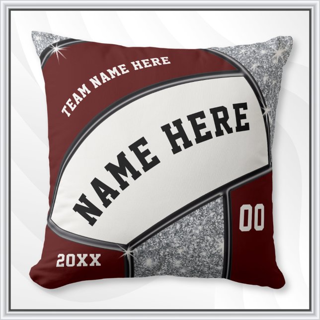 Maroon, White, Silver Volleyball Team Gift Ideas Cushion (Personalized Volleyball Gifts. Volleyball senior night gift ideas. Volleyball team gifts for girls. )