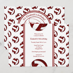 maroon white sporty girl volleyball birthday party invitation