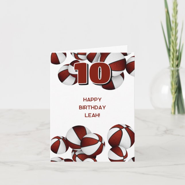 maroon white team colours basketballs kids birthda card (Front)