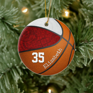 maroon white team colours girls' basketball player ceramic ornament