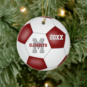maroon white team colours girls boys soccer ceramic ornament