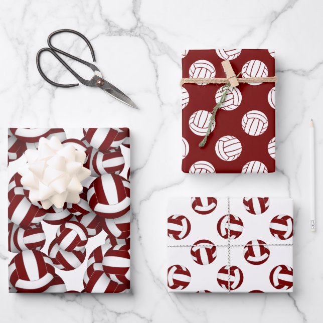 Maroon white team colours matching set volleyball wrapping paper sheet (Front)