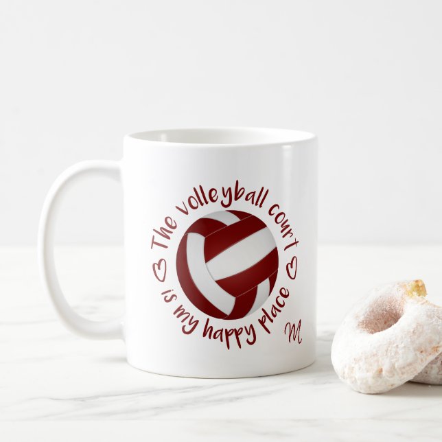 maroon white volleyball court is my happy place coffee mug (With Donut)