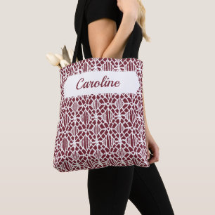 Maroon With White Crochet Lace Pattern Tote Bag
