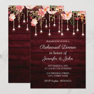 Maroon Wooden Rustic Wedding Rehearsal Dinner Invitation