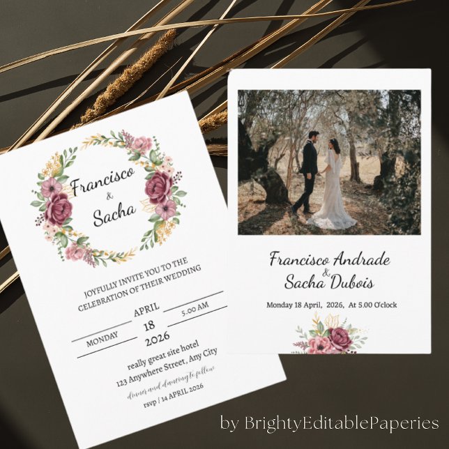 Maroon Wreath flower Wedding Save The Date Card (Creator Uploaded)