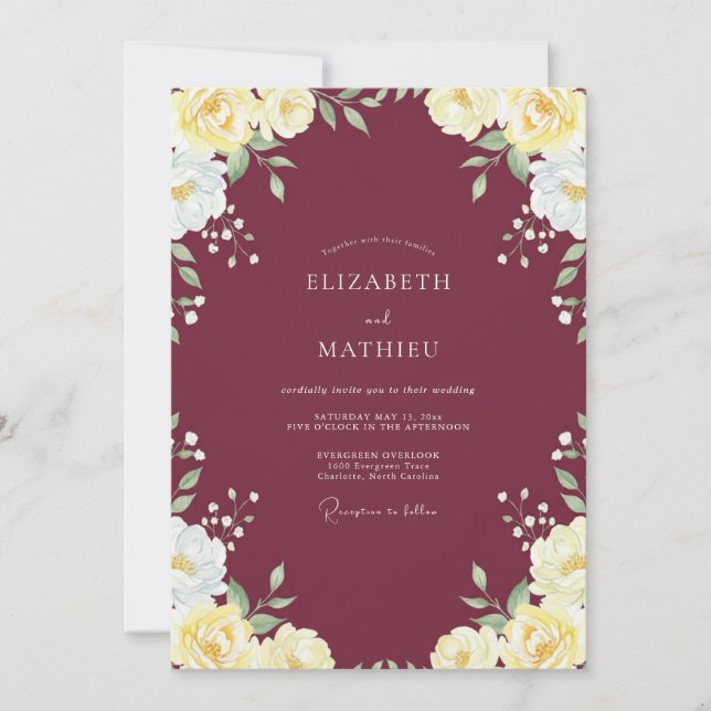 Maroon Yellow Leafy Wedding Invitation (Front)
