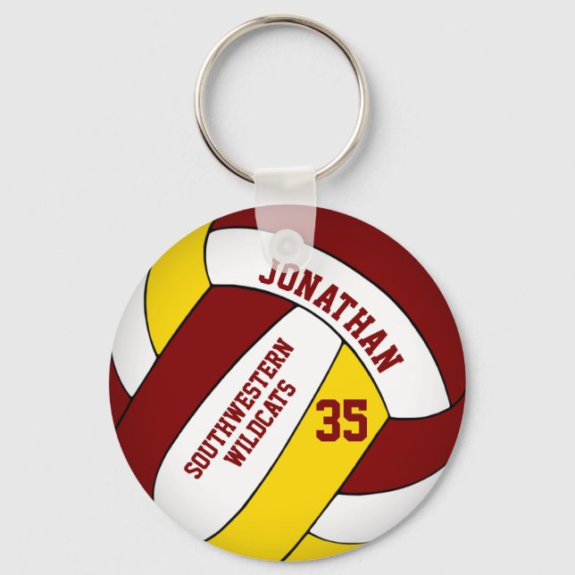 maroon yellow personalised boys volleyball key ring (Front)