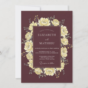 Maroon Yellow Ranunculus Eucalyptus Wedding Invitation