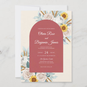 Maroon Yellow Sunflower Dusty Eucalyptus Wedding Invitation