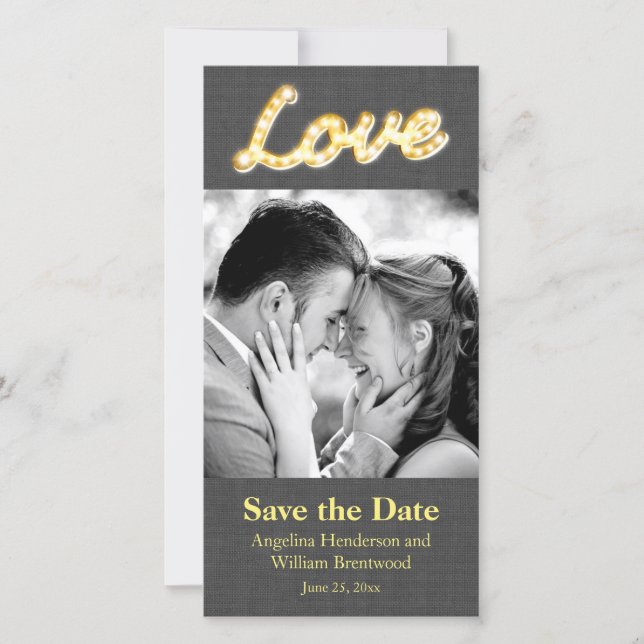 Marquee Lights Save the Date Photo Grey Burlap (Front)