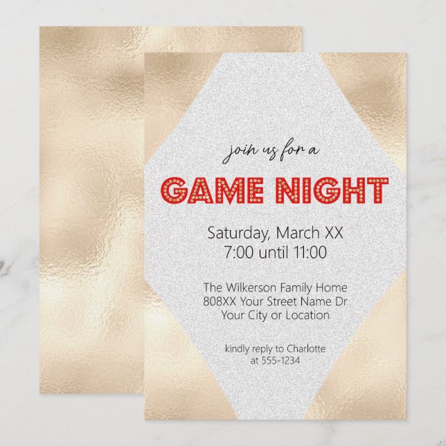 Marquee Sign on Gold Game Night Party Invitation (Front/Back)