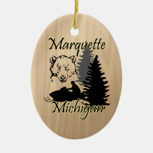 Marquette Michigan Snowmobile Bear Ceramic Ceramic Tree Decoration