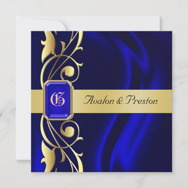 Marquis Blue Silk Gold Scroll Sapphire Invitation (Front)