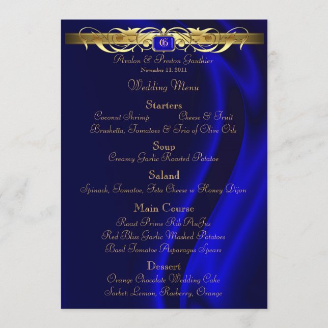 Marquis Blue Silk Gold Scroll Wedding Menu (Front)
