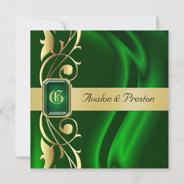 Marquis Green Silk Gold Scroll Emerald Invitation (Front)