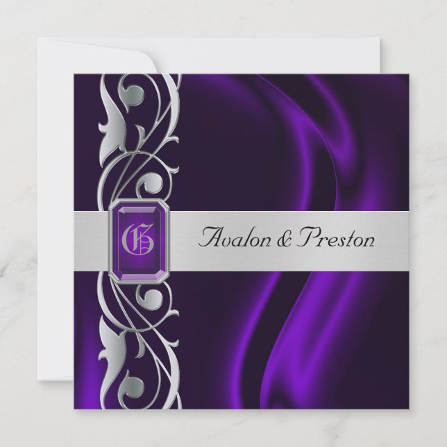 Marquis Purple Silk Silver Scroll Pearl Invitation (Front)