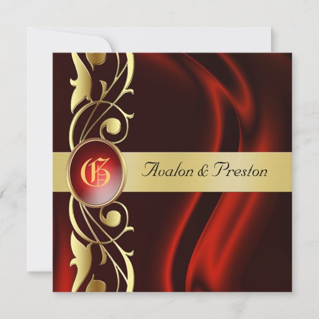 Marquis Red Silk Gold Scroll Ruby Invitation (Front)