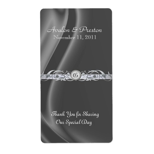 Marquis  Silk Silver Scroll Wine Wedding Label (Front)