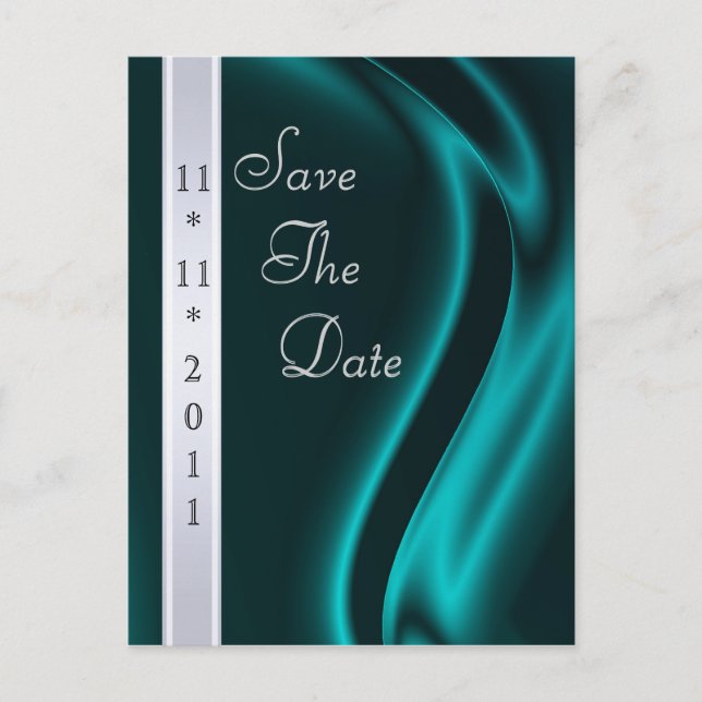 Marquis Teal Silk Silver Save The Date Postcard (Front)