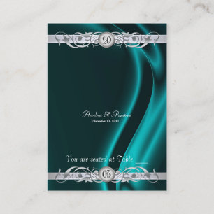 Marquis Teal Silk Silver Scroll Table Placecard