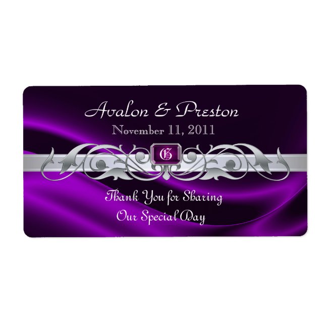 Marquis Violet Silk Scroll Wine Wedding Label (Front)
