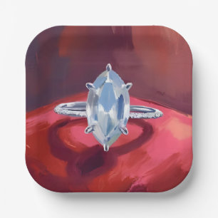Marquise Diamond Engagement Ring Red Watercolor Paper Plate