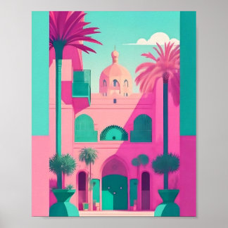 Marrakech Morocco Flat Vector Art Turquoise  Poster