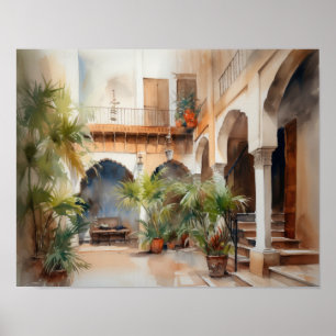Marrakech Riad Morocco Watercolor Art Print Poster