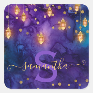 Marrakesh Midnight Lanterns & Gold Bokeh Monogram Square Sticker
