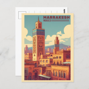 Marrakesh old city building with mosque  postcard